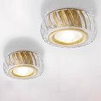 Modern Mid-century Brass & Crystal Glass Ribbed Round LED Flush Mount Ceiling Light Spotlight for Hallway and Entryway