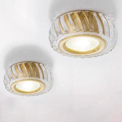 Modern Mid-century Brass & Crystal Glass Ribbed Round LED Flush Mount Ceiling Light Spotlight for Hallway and Entryway