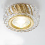 Modern Mid-century Brass & Crystal Glass Ribbed Round LED Flush Mount Ceiling Light Spotlight for Hallway and Entryway