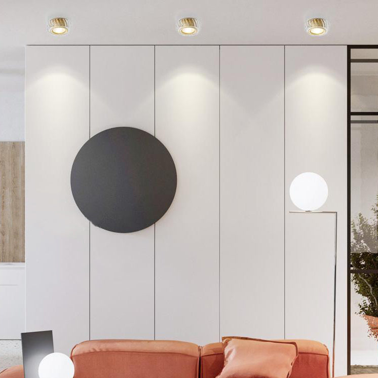 Modern Mid-century Brass & Crystal Glass Ribbed Round LED Flush Mount Ceiling Light Spotlight for Hallway and Entryway