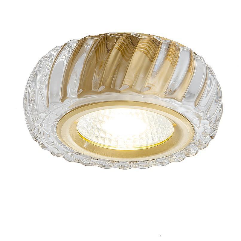 Modern Mid-century Brass & Crystal Glass Ribbed Round LED Flush Mount Ceiling Light Spotlight for Hallway and Entryway