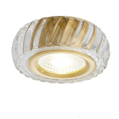 Modern Mid-century Brass & Crystal Glass Ribbed Round LED Flush Mount Ceiling Light Spotlight for Hallway and Entryway