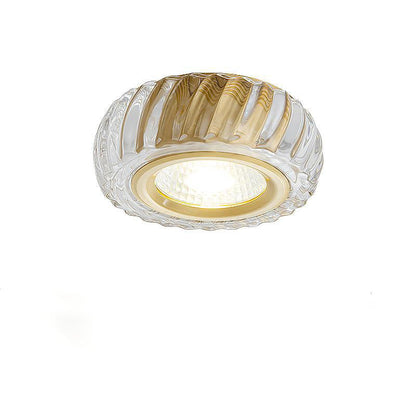 Modern Mid-century Brass & Crystal Glass Ribbed Round LED Flush Mount Ceiling Light Spotlight for Hallway and Entryway