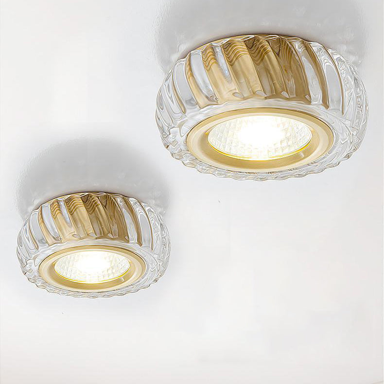Modern Mid-century Brass & Crystal Glass Ribbed Round LED Flush Mount Ceiling Light Spotlight for Hallway and Entryway