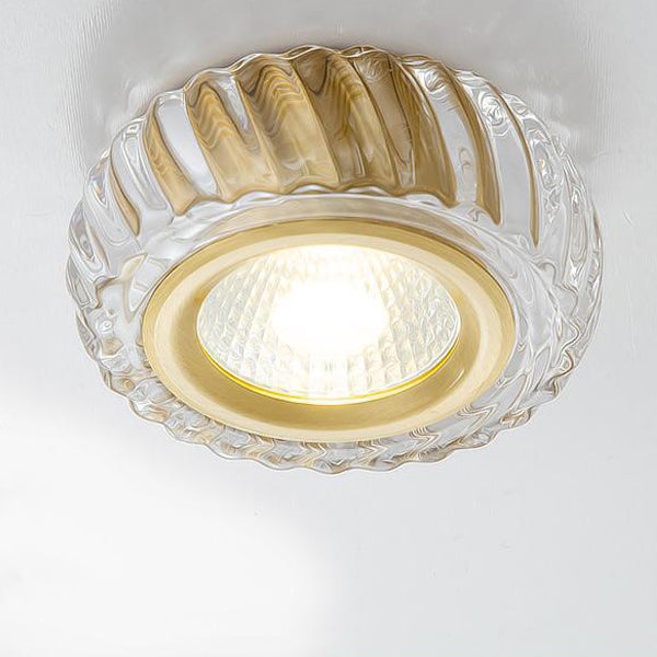 Modern Mid-century Brass & Crystal Glass Ribbed Round LED Flush Mount Ceiling Light Spotlight for Hallway and Entryway