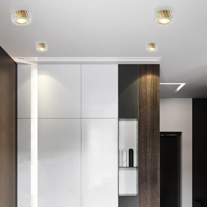 Modern Mid-century Brass & Crystal Glass Ribbed Round LED Flush Mount Ceiling Light Spotlight for Hallway and Entryway