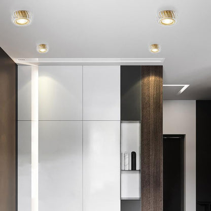 Modern Mid-century Brass & Crystal Glass Ribbed Round LED Flush Mount Ceiling Light Spotlight for Hallway and Entryway