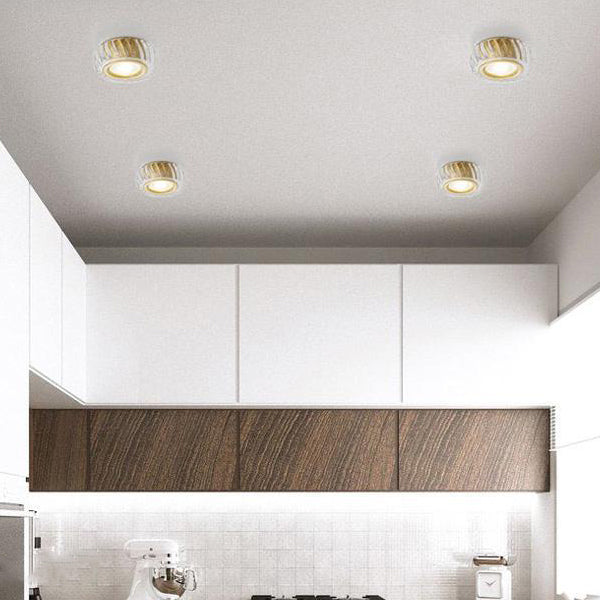 Modern Mid-century Brass & Crystal Glass Ribbed Round LED Flush Mount Ceiling Light Spotlight for Hallway and Entryway