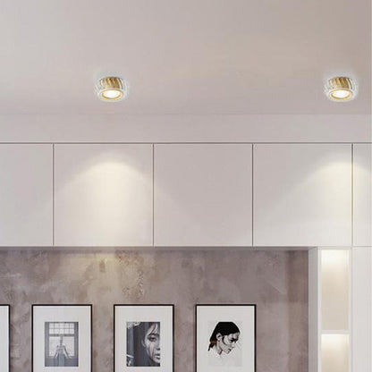 Modern Mid-century Brass & Crystal Glass Ribbed Round LED Flush Mount Ceiling Light Spotlight for Hallway and Entryway