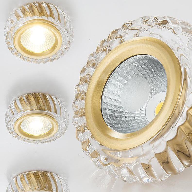 Modern Mid-century Brass & Crystal Glass Ribbed Round LED Flush Mount Ceiling Light Spotlight for Hallway and Entryway