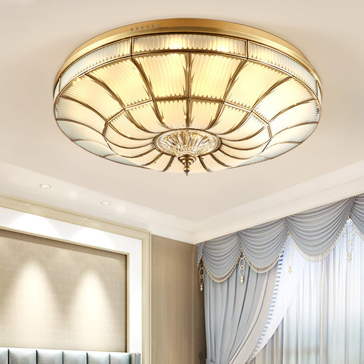 Traditional European Brass Glass Crystal Round LED Flush Mount Ceiling Light For Living Room And Bedroom