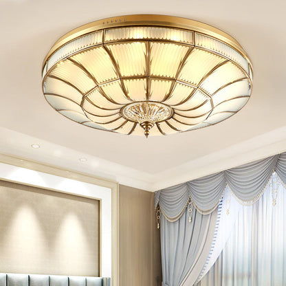 Traditional European Brass Glass Crystal Round LED Flush Mount Ceiling Light For Living Room And Bedroom