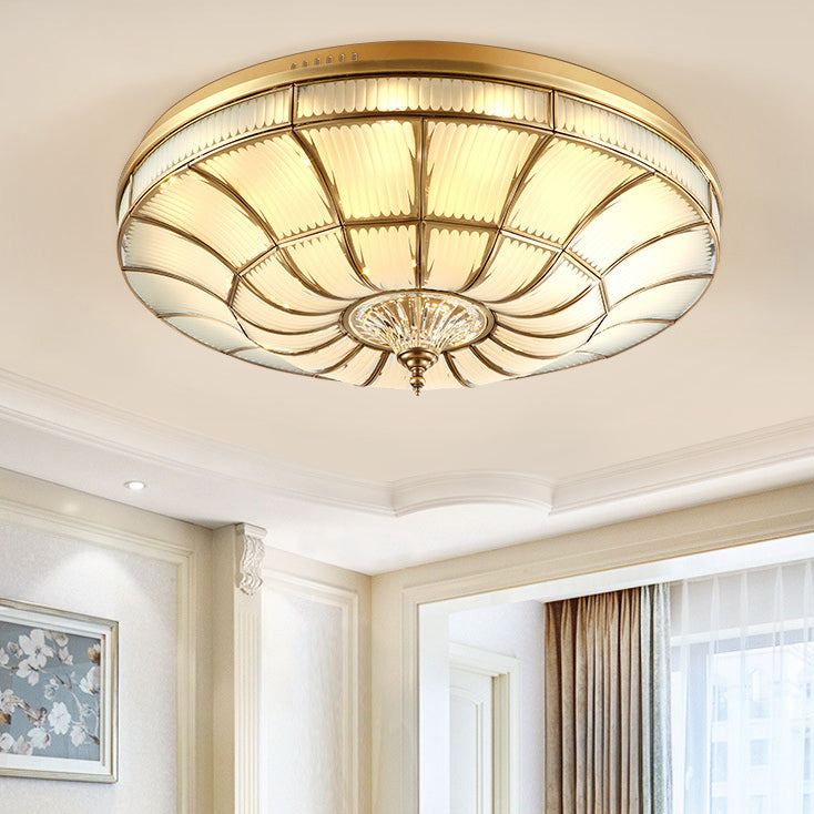 Traditional European Brass Glass Crystal Round LED Flush Mount Ceiling Light For Living Room And Bedroom