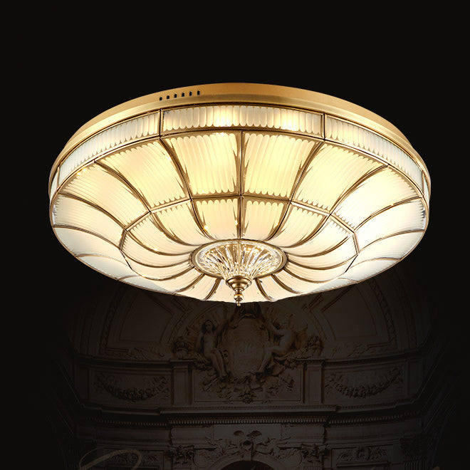 Traditional European Brass Glass Crystal Round LED Flush Mount Ceiling Light For Living Room And Bedroom