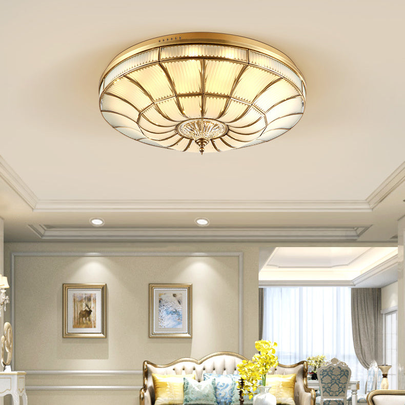 Traditional European Brass Glass Crystal Round LED Flush Mount Ceiling Light For Living Room And Bedroom