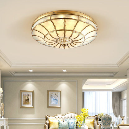 Traditional European Brass Glass Crystal Round LED Flush Mount Ceiling Light For Living Room And Bedroom