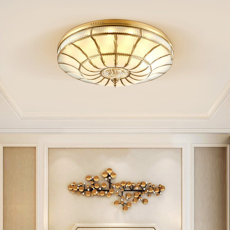 Traditional European Brass Glass Crystal Round LED Flush Mount Ceiling Light For Living Room And Bedroom