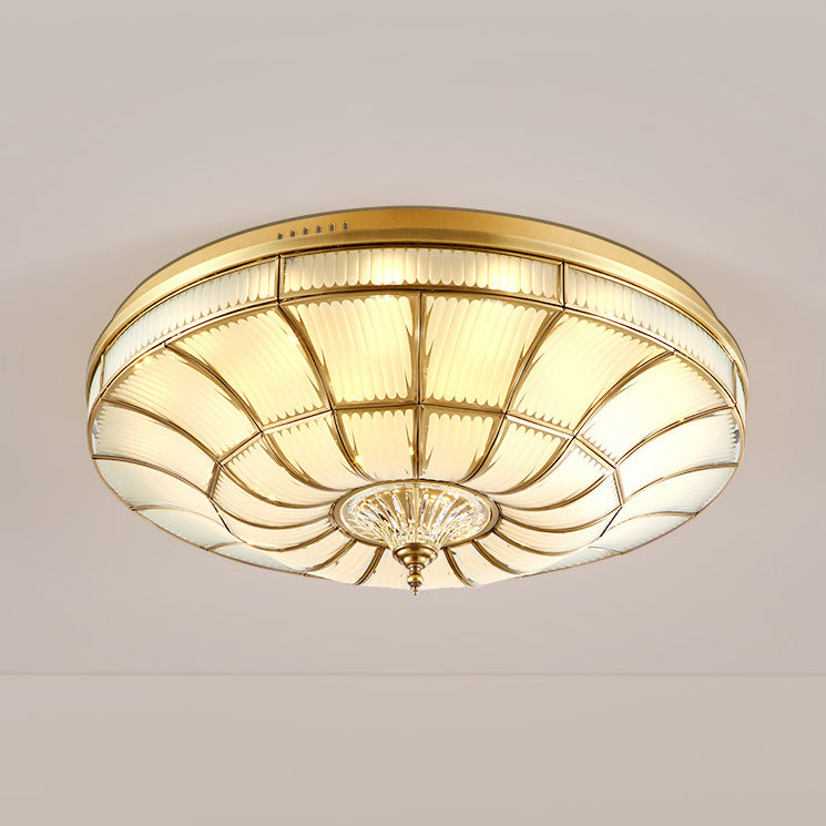 Traditional European Brass Glass Crystal Round LED Flush Mount Ceiling Light For Living Room And Bedroom