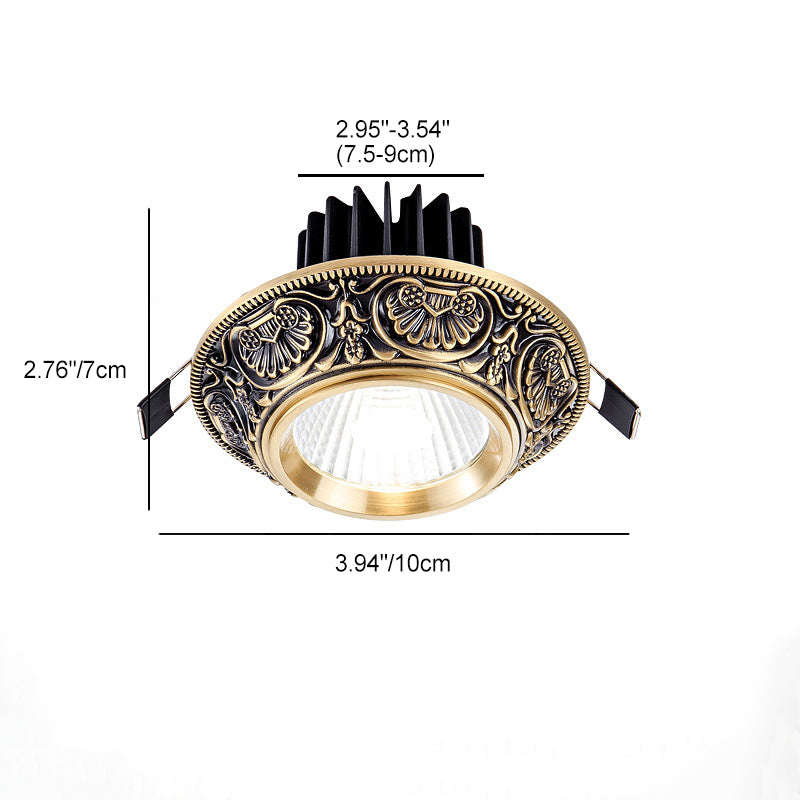 Traditional European Brass Aluminum Round Carved Spotlight LED Flush Mount Ceiling Light for Hallway and Living Room