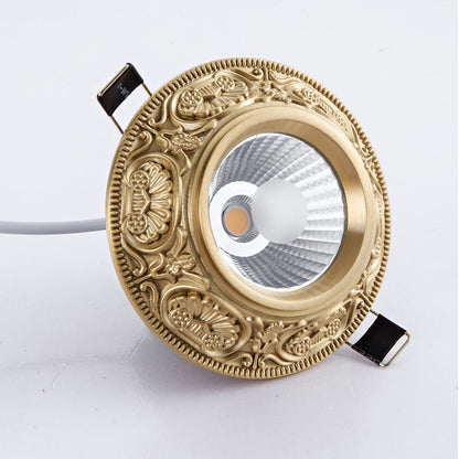 Traditional European Brass Aluminum Round Carved Spotlight LED Flush Mount Ceiling Light for Hallway and Living Room