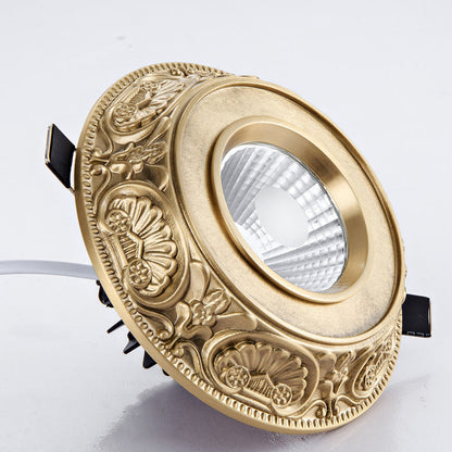 Traditional European Brass Aluminum Round Carved Spotlight LED Flush Mount Ceiling Light for Hallway and Living Room
