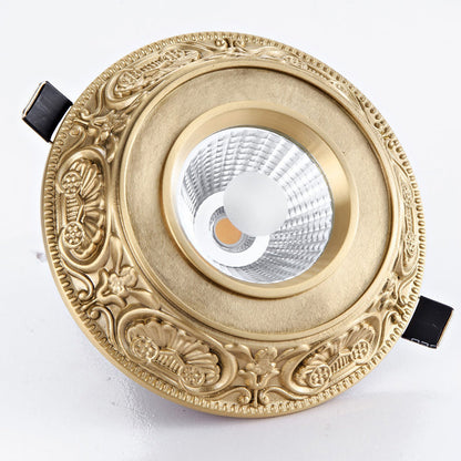 Traditional European Brass Aluminum Round Carved Spotlight LED Flush Mount Ceiling Light for Hallway and Living Room