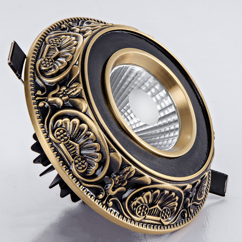 Traditional European Brass Aluminum Round Carved Spotlight LED Flush Mount Ceiling Light for Hallway and Living Room