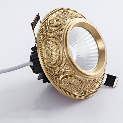 Traditional European Brass Aluminum Round Carved Spotlight LED Flush Mount Ceiling Light for Hallway and Living Room