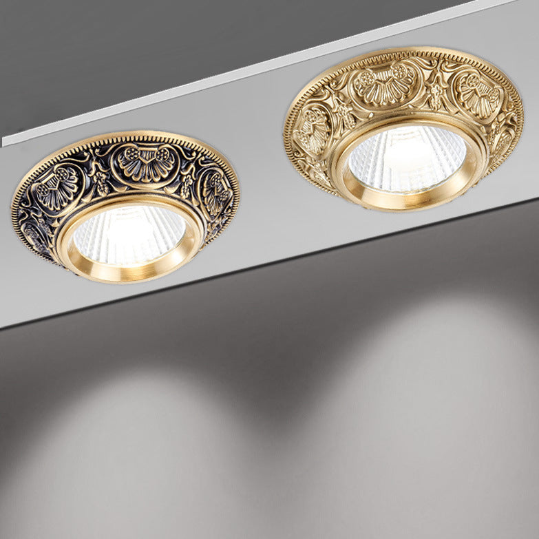 Traditional European Brass Aluminum Round Carved Spotlight LED Flush Mount Ceiling Light for Hallway and Living Room