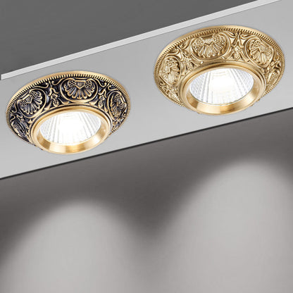 Traditional European Brass Aluminum Round Carved Spotlight LED Flush Mount Ceiling Light for Hallway and Living Room