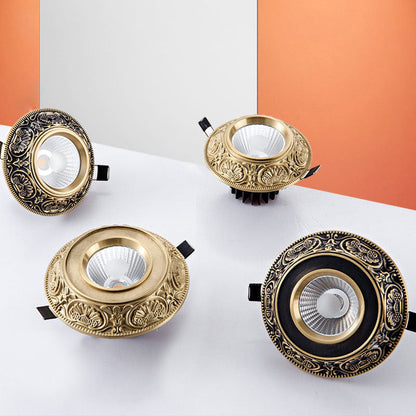 Traditional European Brass Aluminum Round Carved Spotlight LED Flush Mount Ceiling Light for Hallway and Living Room