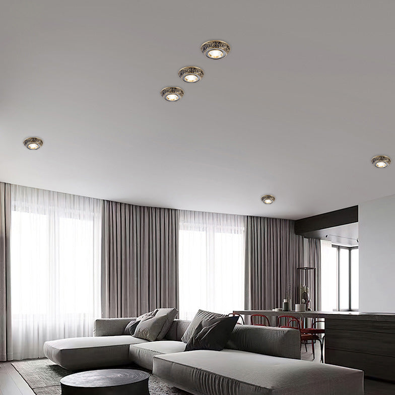 Traditional European Brass Aluminum Round Carved Spotlight LED Flush Mount Ceiling Light for Hallway and Living Room