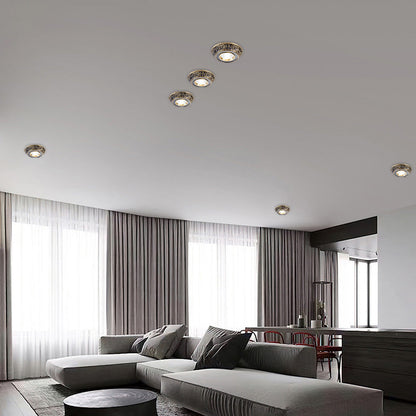 Traditional European Brass Aluminum Round Carved Spotlight LED Flush Mount Ceiling Light for Hallway and Living Room
