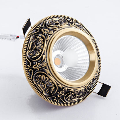 Traditional European Brass Aluminum Round Carved Spotlight LED Flush Mount Ceiling Light for Hallway and Living Room