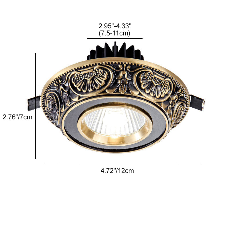 Traditional European Brass Aluminum Round Carved Spotlight LED Flush Mount Ceiling Light for Hallway and Living Room