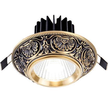 Traditional European Brass Aluminum Round Carved Spotlight LED Flush Mount Ceiling Light for Hallway and Living Room