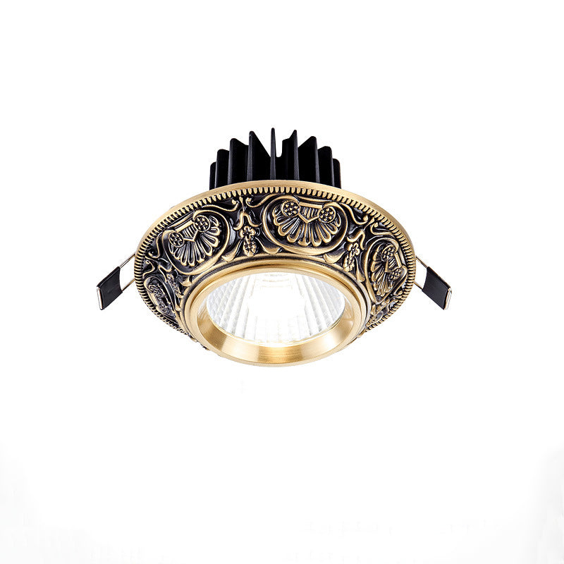 Traditional European Brass Aluminum Round Carved Spotlight LED Flush Mount Ceiling Light for Hallway and Living Room
