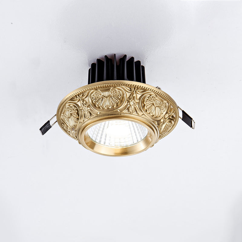 Traditional European Brass Aluminum Round Carved Spotlight LED Flush Mount Ceiling Light for Hallway and Living Room