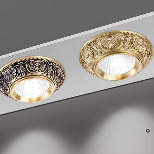 Traditional European Brass Aluminum Round Carved Spotlight LED Flush Mount Ceiling Light for Hallway and Living Room