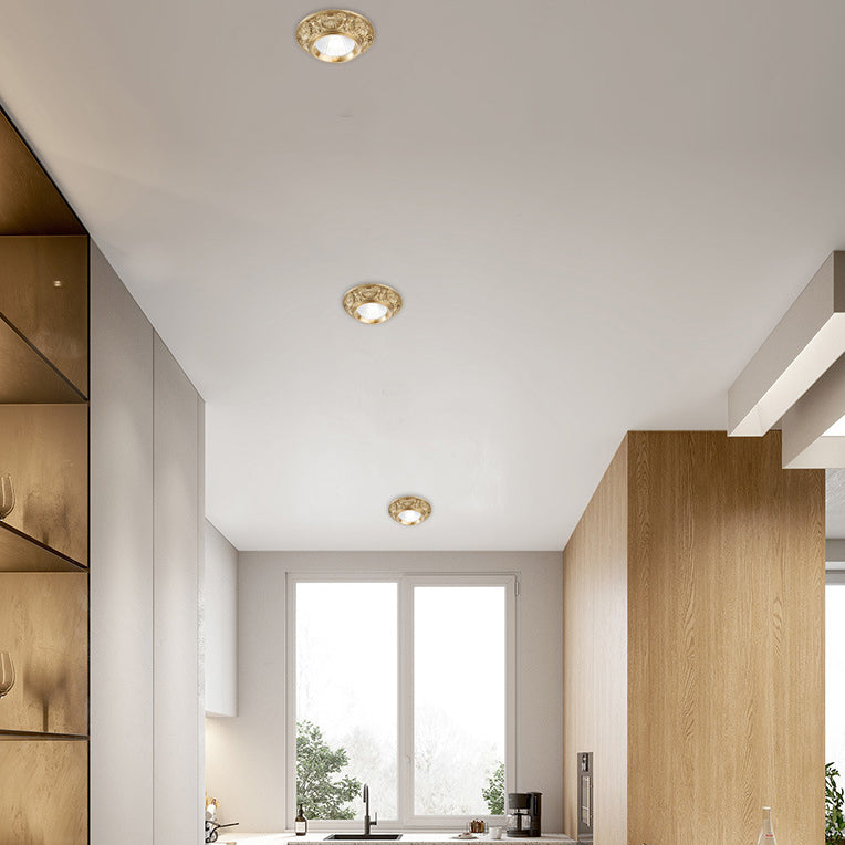 Traditional European Brass Aluminum Round Carved Spotlight LED Flush Mount Ceiling Light for Hallway and Living Room