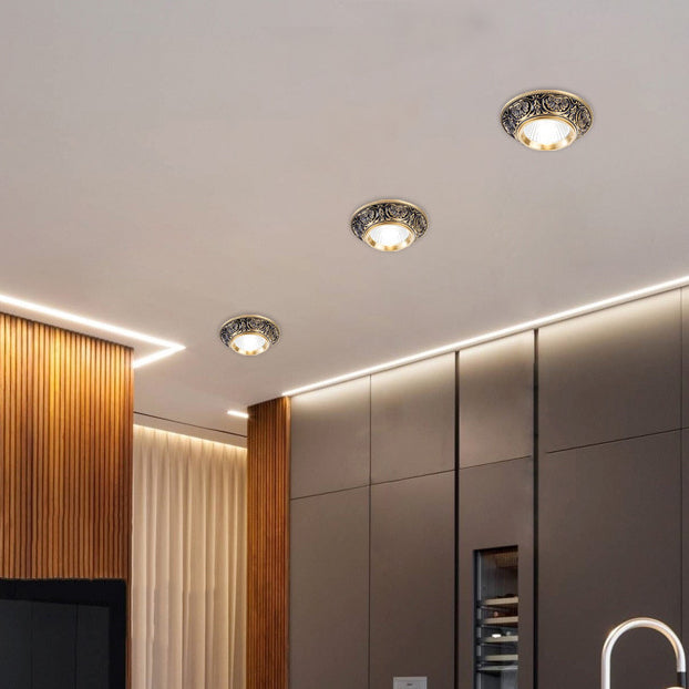 Traditional European Brass Aluminum Round Carved Spotlight LED Flush Mount Ceiling Light for Hallway and Living Room