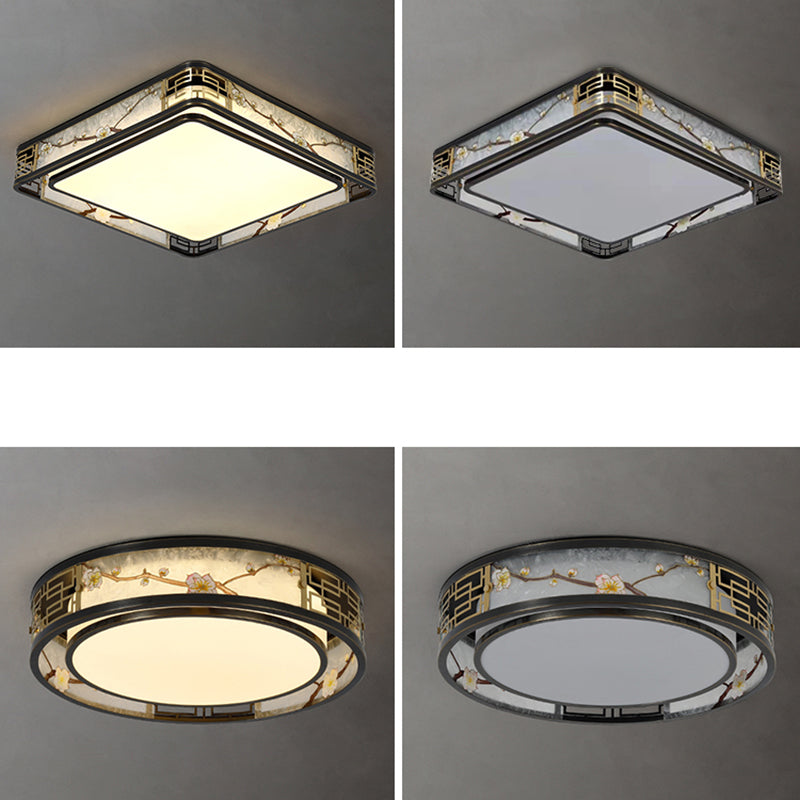 Traditional Chinese Brass And Glass Lotus Plum Blossom Round Square Rectangular LED Flush Mount Ceiling Light For Living Room And Bedroom Lumendat