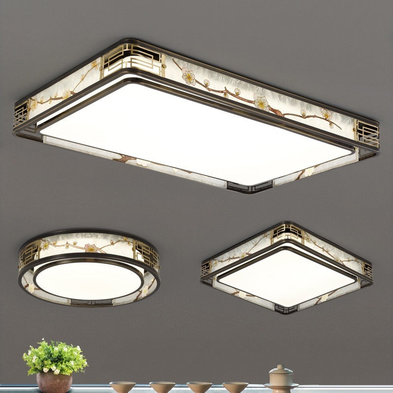 Traditional Chinese Brass And Glass Lotus Plum Blossom Round Square Rectangular LED Flush Mount Ceiling Light For Living Room And Bedroom Lumendat