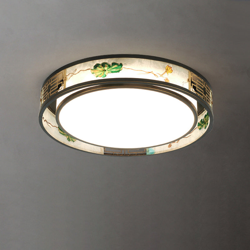 Traditional Chinese Brass And Glass Lotus Plum Blossom Round Square Rectangular LED Flush Mount Ceiling Light For Living Room And Bedroom Lumendat