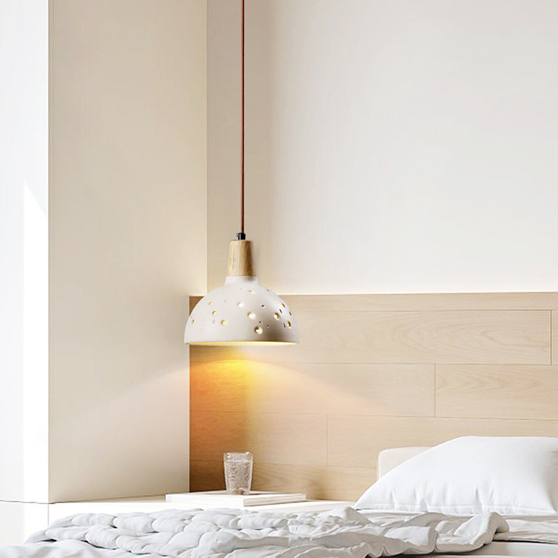 Traditional Japanese Concrete Wood Dome Multi-Hole 1-Light Pendant Light For Bedroom Bedside