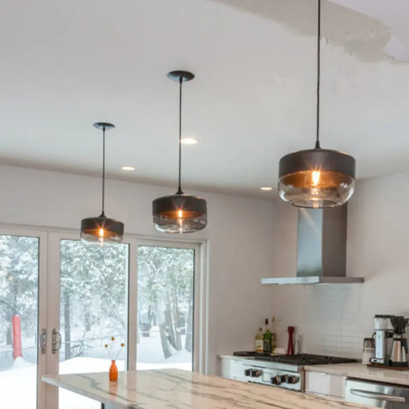 Contemporary Industrial Iron & Glass Barrel Cylinder Globe 1-light Pendant Light for Dining Room BulbSquare
