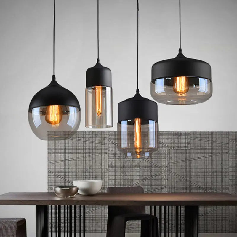 Contemporary Industrial Iron & Glass Barrel Cylinder Globe 1-light Pendant Light for Dining Room BulbSquare
