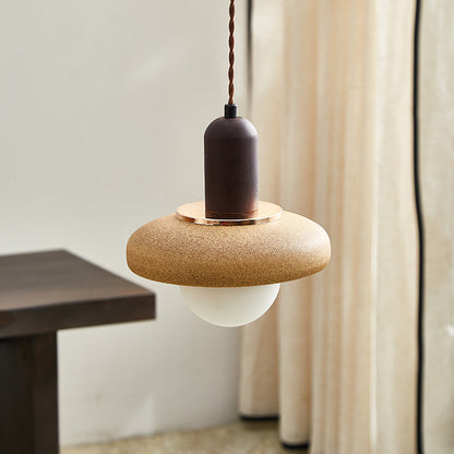 Traditional Japanese Ceramic & Wood Bowl Disc 1-Light Pendant Light For Bedside & Dining Room