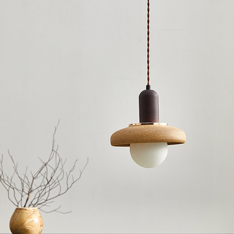 Traditional Japanese Ceramic & Wood Bowl Disc 1-Light Pendant Light For Bedside & Dining Room