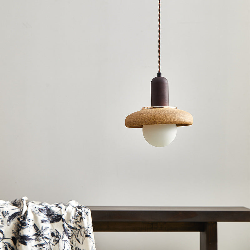 Traditional Japanese Ceramic & Wood Bowl Disc 1-Light Pendant Light For Bedside & Dining Room